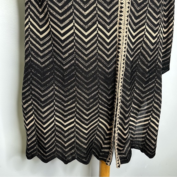 Misook Black Braided Trim Chevron Zig Zag Knit Long Cardigan Sweater Size L - Picture 5 of 12